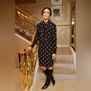 ASO Mandy Moore Tory Burch Printed Ruffle Bow Neck Polka Dot Silk Dress | SZ 4